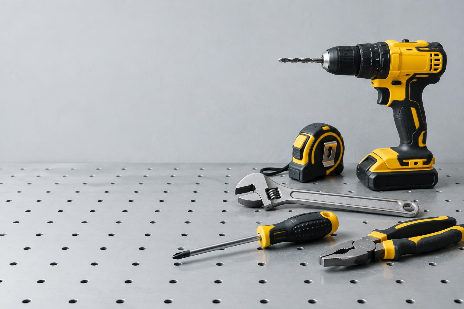 Workshop hand tools and yellow drill